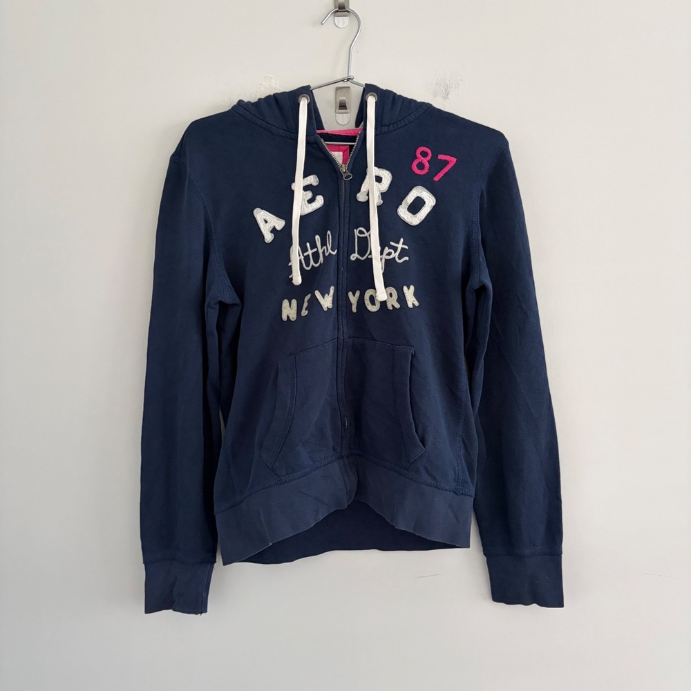 Aeropostale Womens Navy Blue Full Zip Hoodie Logo Graphic Size Large